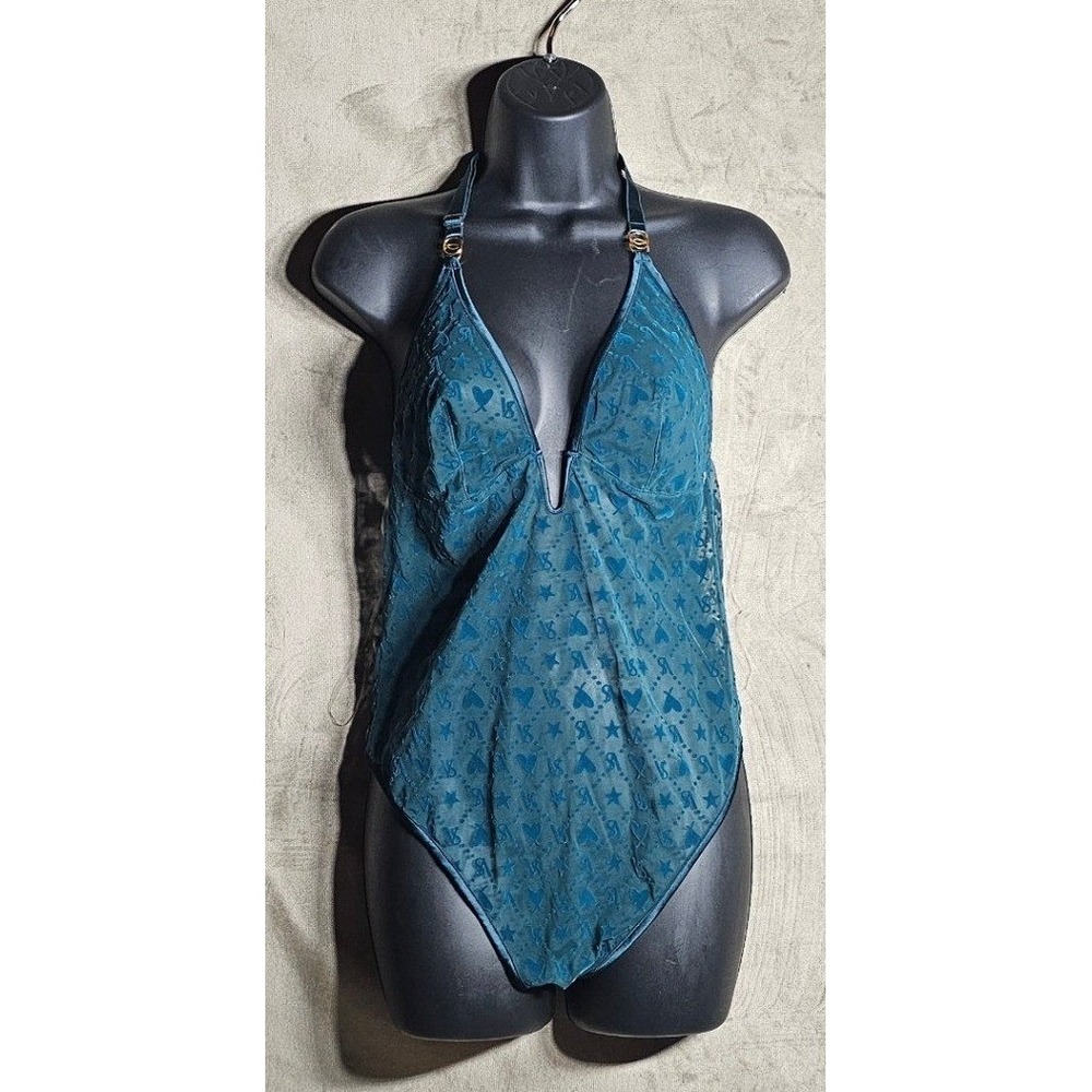 Victoria's Secret Teal Blue Velvet Flocked Mesh Teddy Bodysuit XL NWT